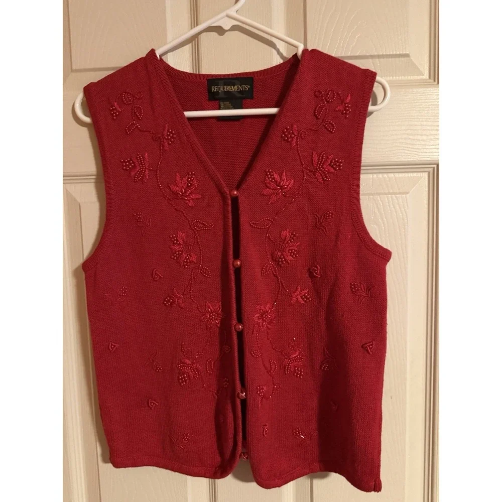 Vtg Sweater Vest Red Floral Embroidery Buttons‎ Beaded 80s 90s Granny Cottage PM